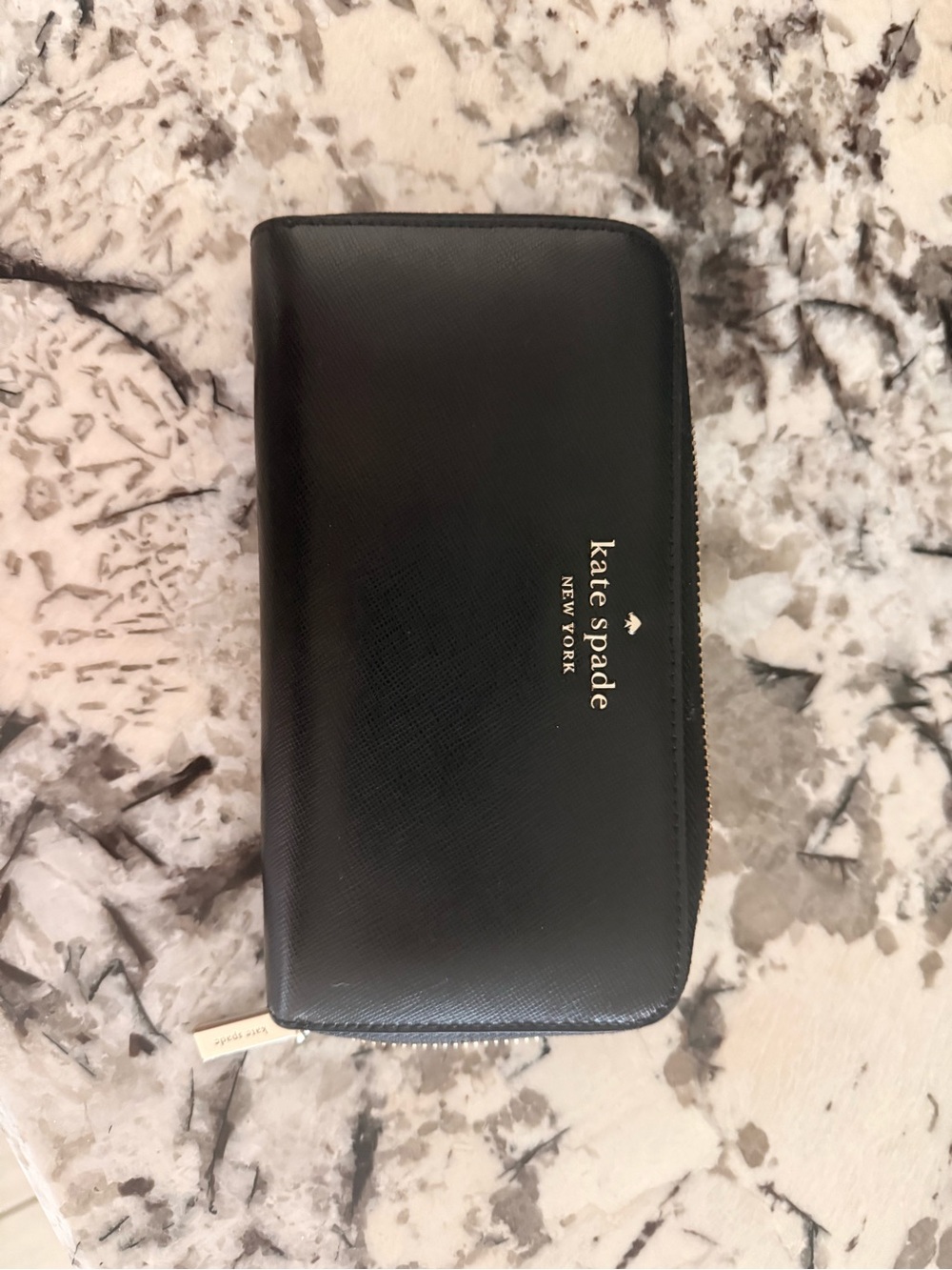 kate spade Black Saffiano Zip Wallet with Gold Logo